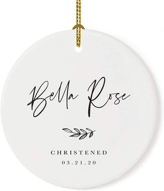 Andaz Press Personalized Round Ceramic Porcelain Christmas Tree Ornament Engagement Collectible Gift for Baby, Ava Marie Carter Christened 03.21.20, Antique Handdrawn, 1-Pack
