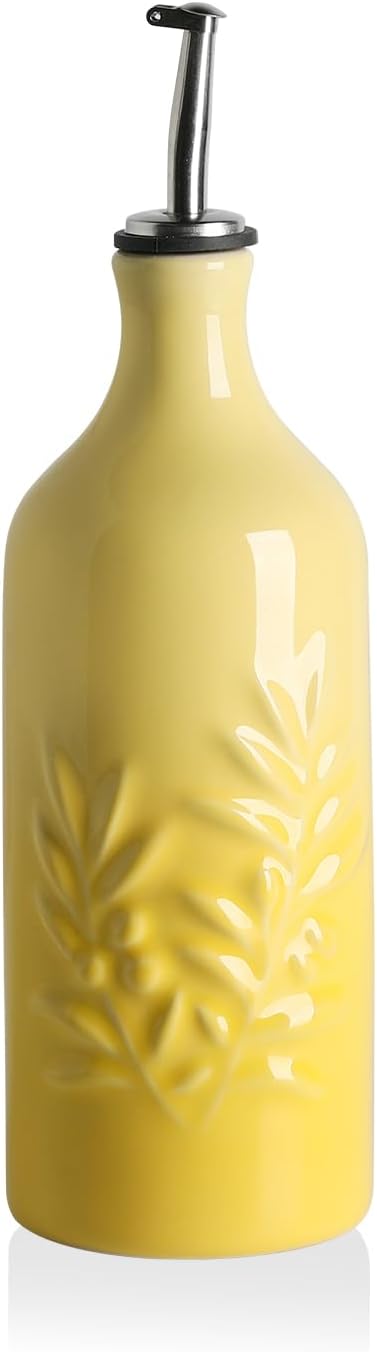 Sweejar Ceramic Olive Oil Dispenser Bottle, 20 Oz Relief Opaque Oil Cruet Protects To Reduce Oxidation, Suitable for Storage Soy Sauce, Coffee Syrup, Liquids, Set of 1 (Gradient Yellow)