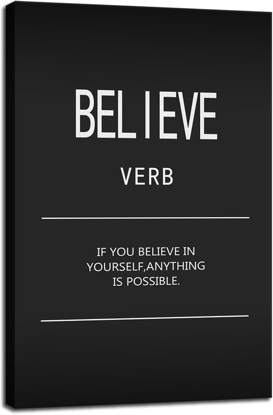 Motivational Office Positive Poster Believe Verb Inspirational Wall Art Printed on Canvas Modern Home Decor Painting Artwork for Living Room Bedroom Picture Stretched and Framed[24" W x 36" H]