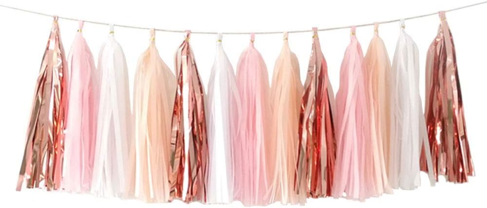 Shiny Tissue Paper Tassels Party Tassel Garland Banner Decorations, DIY Kits,Rose Gold,Peach,Pink,White,Pack of 20