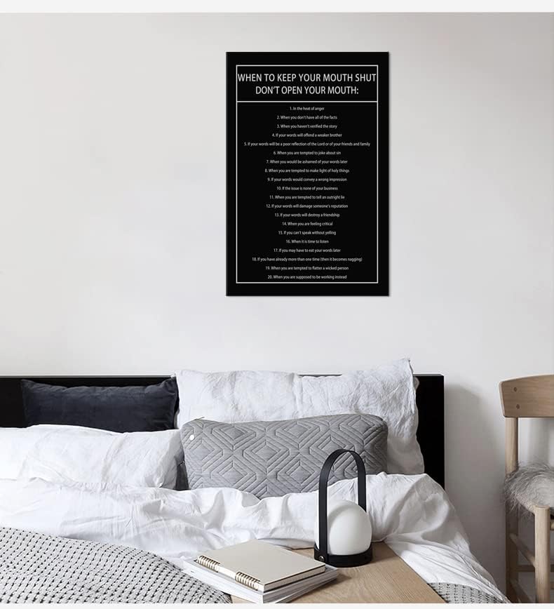 When to Keep Your Mouth Shut Don't Open Your Mouth Inspirational Canvas Wall Art Life Learning Poster Prints Artwork for Living Room Modern Home Decor Painting Stretched and Framed [12''Wx 18''H]