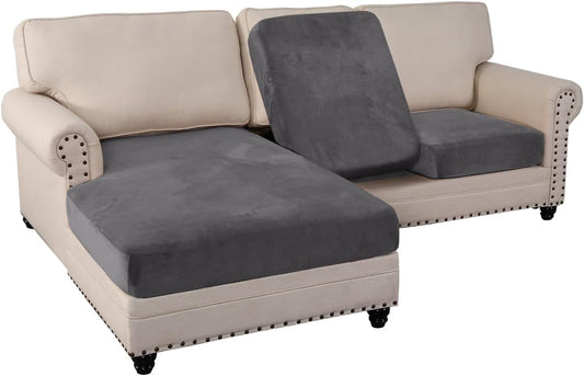 PrinceDeco Sectional Couch Covers 3 Pieces Velvet Sofa Covers L Shape Soft Couch Covers for Sectional Sofa Corner Sofa Cover Couch Cover for Dogs Washable (2 Seater + 1 Chaise,Grey)