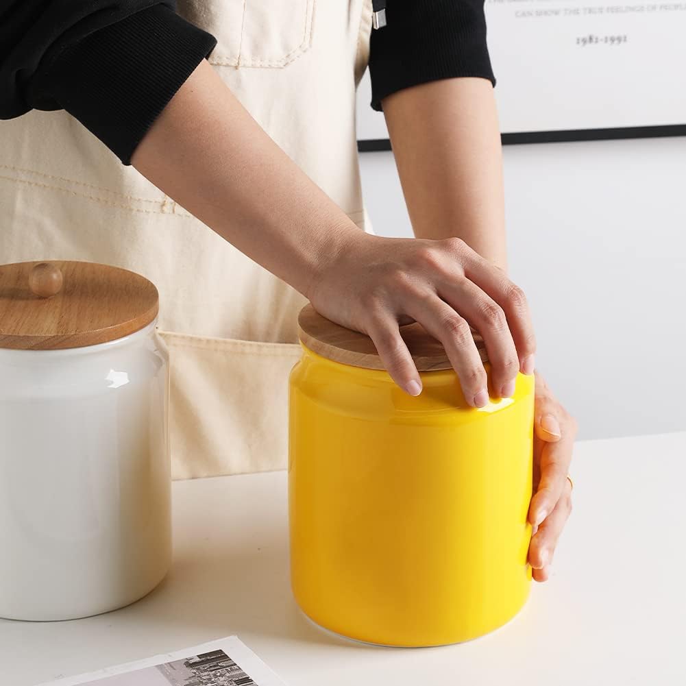 Sweejar Ceramic Kitchen Canisters, 58 FLOZ Porcelain Food Storage Jar with Airtight Seal Wooden Lid, Home Container Serving for Coffee Beans, Tea-leave, Sugar, Salt and More, Tool Bucket (Yellow)