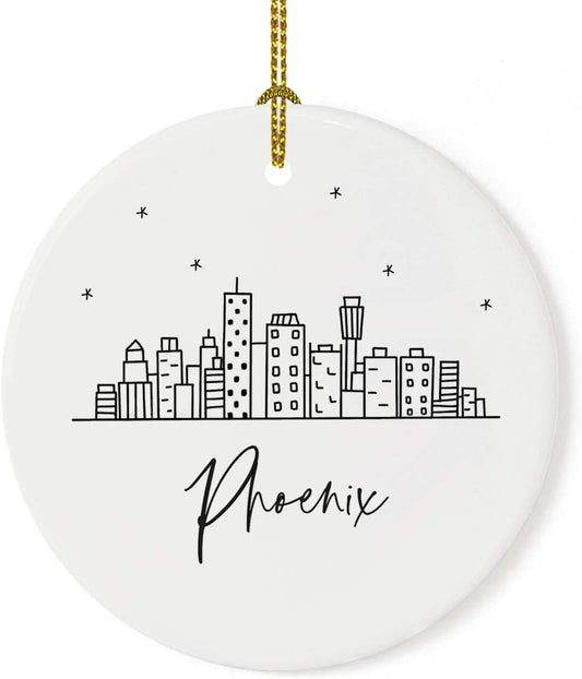 Andaz Press Round Ceramic Porcelain Christmas Tree Ornament Keepsake, Phoenix Black and White Stars City Skyline Graphic, 1-Pack, Birthday Gift Idea for Family Coworker Him Her, Includes Gift Box