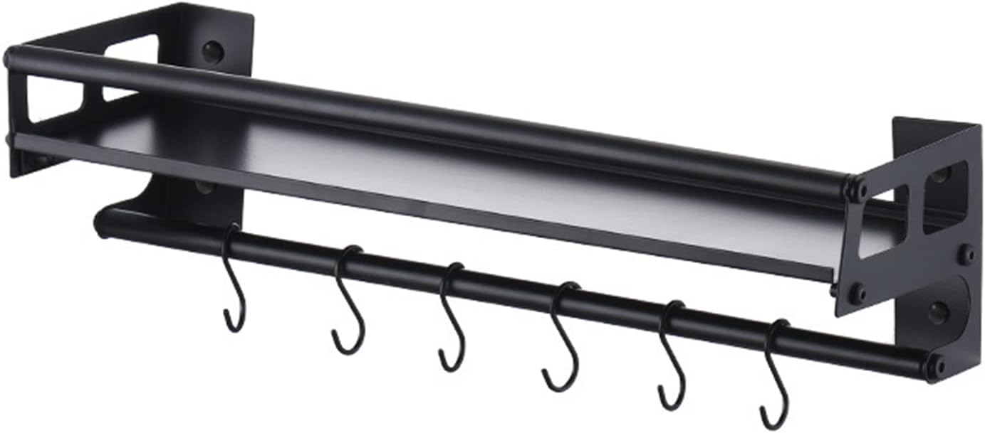 Wall Mount Storage Holder，Stainless Steel Strong Shelf with 6 Removable Hooks, Spice Rack Organizer，Kitchen Organizer Shelf, Space Saving Spice Rack and Kitchen Storage (black)