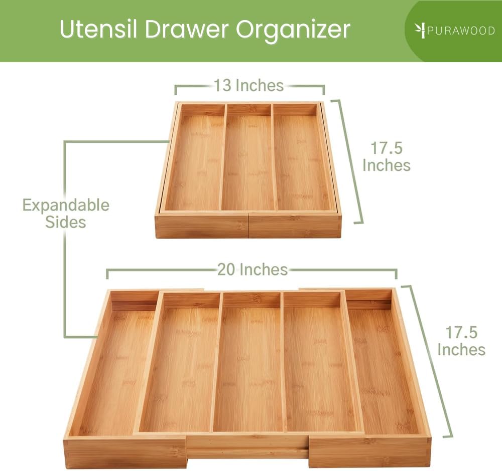 Bamboo Drawer Organizer, 2 Pack - Expandable Silverware Organizer & Utensil Drawer Organizer, Cutlery Tray with Dividers, 7-9 Slots - Premium Kitchen Organizer for Utensils & Flatware (Natural)