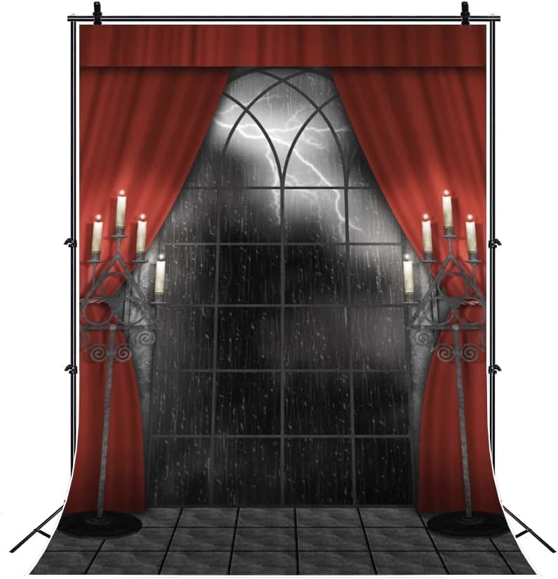 Renaiss 10x12ft Vintage Gothic Window Backdrop Red Curtain Candlestick Black Floor Lightning Stormy Sky Vampire Medieval Castle Photography Background Halloween Dress Up Party Decors Photo Booth Props