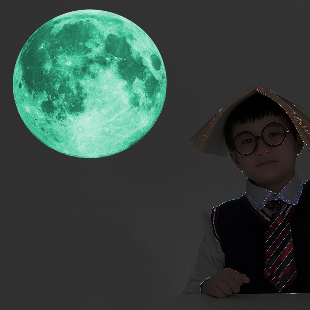 Quanhaigou Glow in The Dark Wall or Ceiling Moon Stickers – Green Luminous Big Moon Wall Stickers DIY Decor for Kid Room