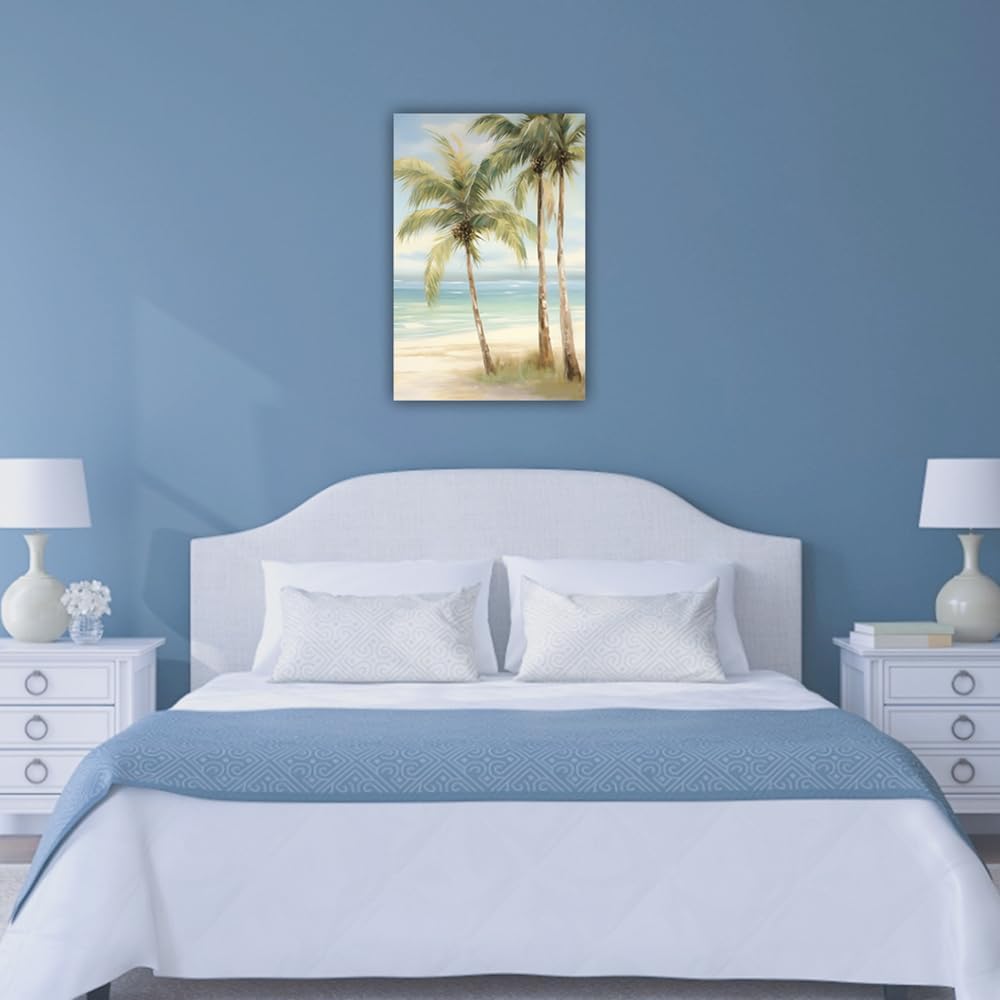 LURENCZH Tropical Beach Canvas Wall Art Seaside Palm Tree Picture Wall Decor Ocean Scenery Painting Prints for Bathroom Decor Framed(Beach-3,12.00" x 18.00")