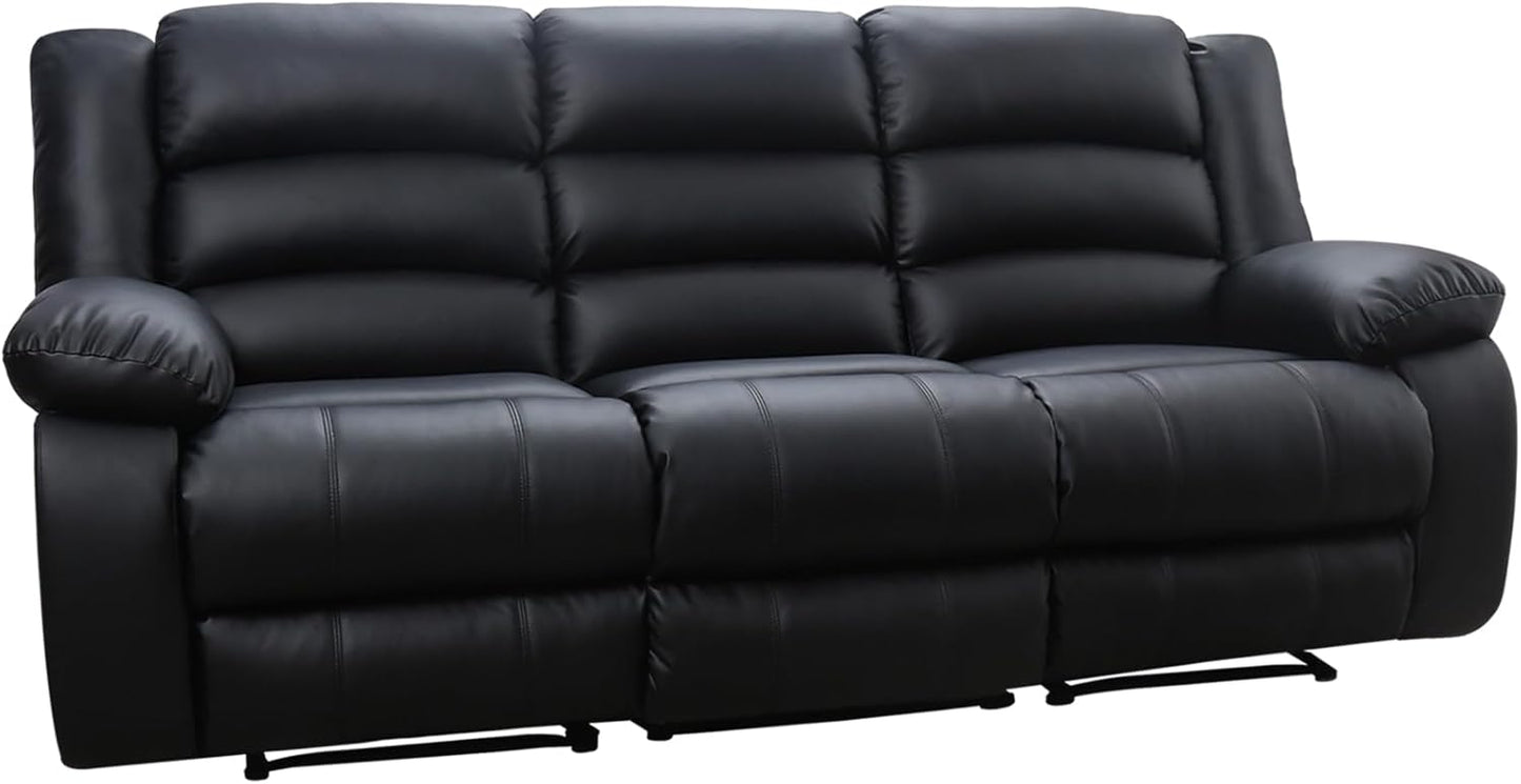 EBELLO Faux Leather Manual Reclining Sofa with 2 Concealed Cup Holders, Overstuffed Armrest 3 Seat Recliner Couch for Living Room, Bedroom, Meeting Room, Black