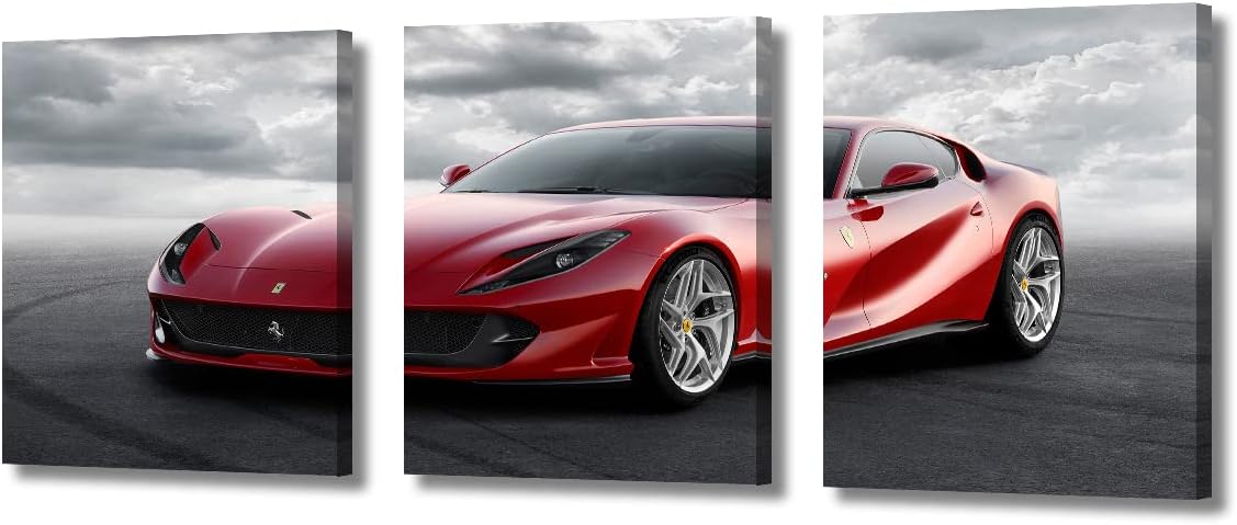 TUMOVO 3 Piece Wall Pictures for Living Room Red Sports Car Painting on Canvas Wall Decor Art Famous Super Car Poster for Men Boys Bedroom Wall Art Modern Artwork Framed Ready to Hang, 36" Wx16 H
