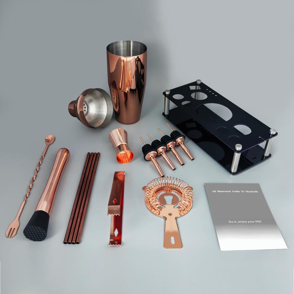 14-Piece Cocktail Shaker Set Bartender Kit with Black Stand, Bar Tool Set for Drink Mixing Bartending Kit Bar Sets Accessories: 750ml(25oz) Shaker, Jigger, Muddler, Cocktail Recipes (Rose Gold)