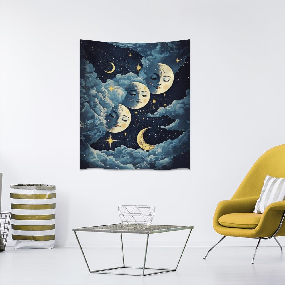 Blue Moon Faces Tapestry Celestial Wall Art Dark Academia Aesthetic Print Stars Clouds Tapestries Wall Hanging whimsical Gothic Home Decor for Bedroom Living Room 30x40inch