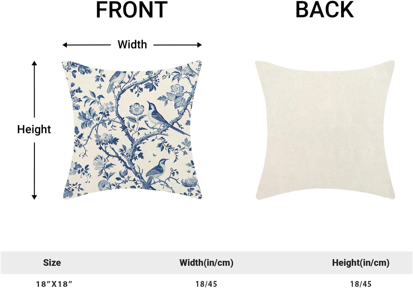 CXMEIFLY Spring Floral Pillow Covers 18 x 18 Inch Set of 2 for Navy Blue Chinoiserie Flowers Bird Decor Throw Pillows Vintage Plant Outdoor Decorative Cushion Cases for Couch Bed Decorations