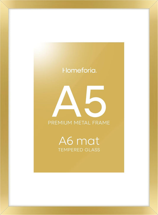 Homeforia A5 Picture Frame Gold, High End Metal 5.8 x 8.3 Frames Matted to 4.1 by 5.8 inch Photo, A5 Frame with Mat A6, 5.8x8.3 Poster Frames, 8.3x5.8 Display Frame, Tempered Glass, Wall Kit, Set of 1