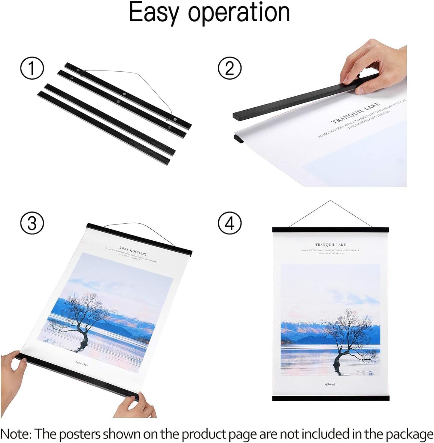 FALAMON Magnetic Poster Hanger Frame, 44x18 44x26 44x34 Teak Wood Magnet Poster Frame for Posters, Prints, Photos, Pictures, Maps, Scrolls, and Canvas Artwork(Black, 44")