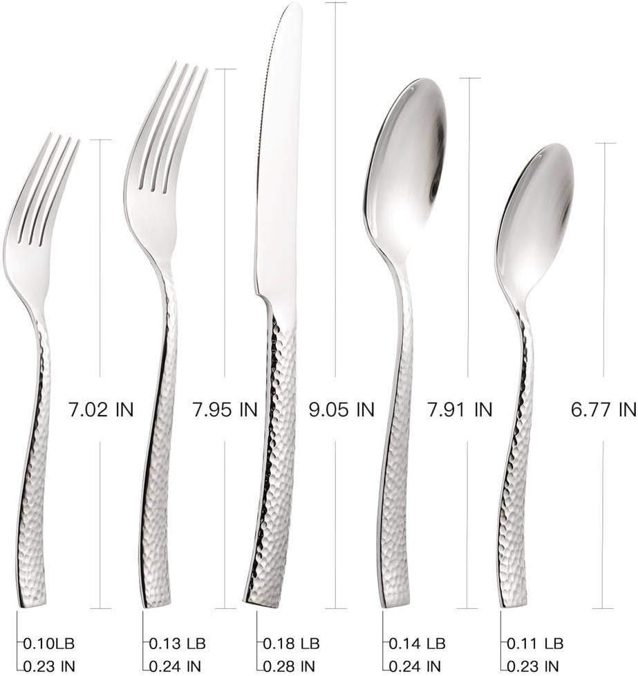 Silverware 45-Piece Silver Hammered Flatware Set with Serving Utensils Stainless Steel Thick Handle Mirror Polished Cutlery Set for Wedding Hotel Restaurant, Service for 8