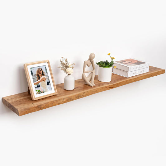 RICHFOCUS Live Edge Elm Floating Shelves - 48" W x 9.3" D Rustic Solid Wood Wall Shelves with Invisible Bracket, Wall-Mounted for Living Room, Bedroom, Kitchen Storage & Display, Set of 1, Natural