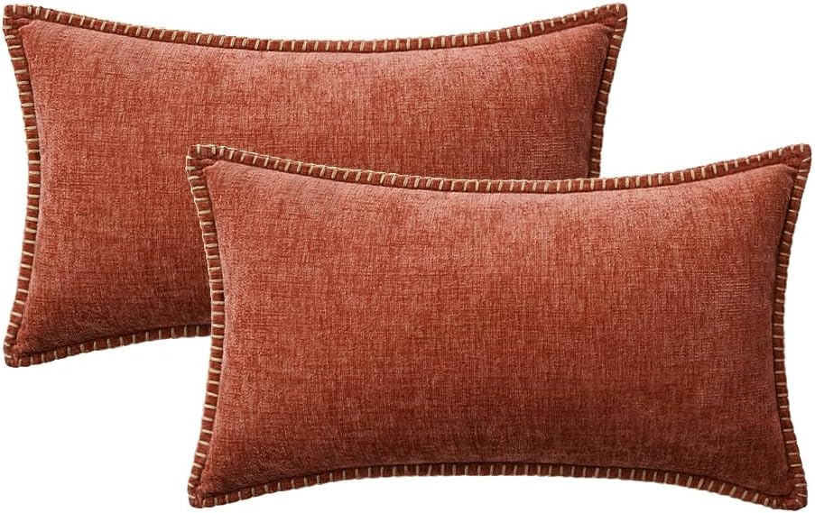 MIULEE Pack of 2 Fall Couch Throw Pillow Covers 12x20 Inch Burnt Orange Farmhouse Decorative Pillow Covers with Stitched Edge Soft Chenille Solid Dyed Pillow Covers for Sofa Bed Living Room