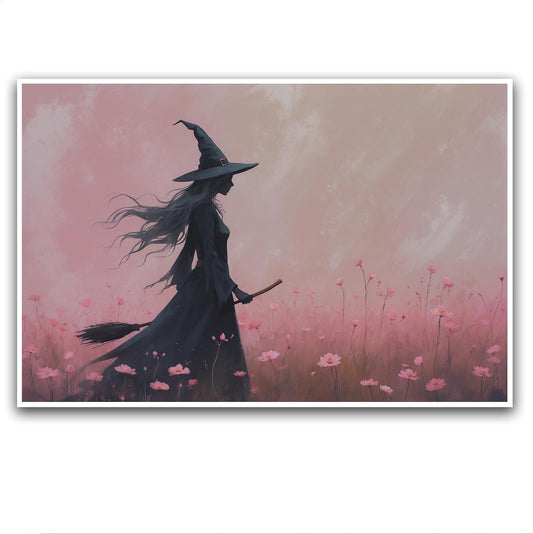 JFHCQJPK Witch in the pink sea of flowers Halloween prints weird flowers wall art silhouette painting fashionable romantic decoration suitable for bedroom20x30in Frameless