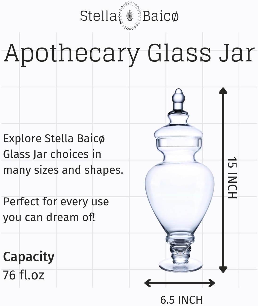 Large Apothecary Jars Glass, Clear Glass Candy Jar wiht Lids, Elegant Glass Candy Containers, Decorative Glass Jars for Wedding, Display and Party (Height: 15", Diameter: 6.7")
