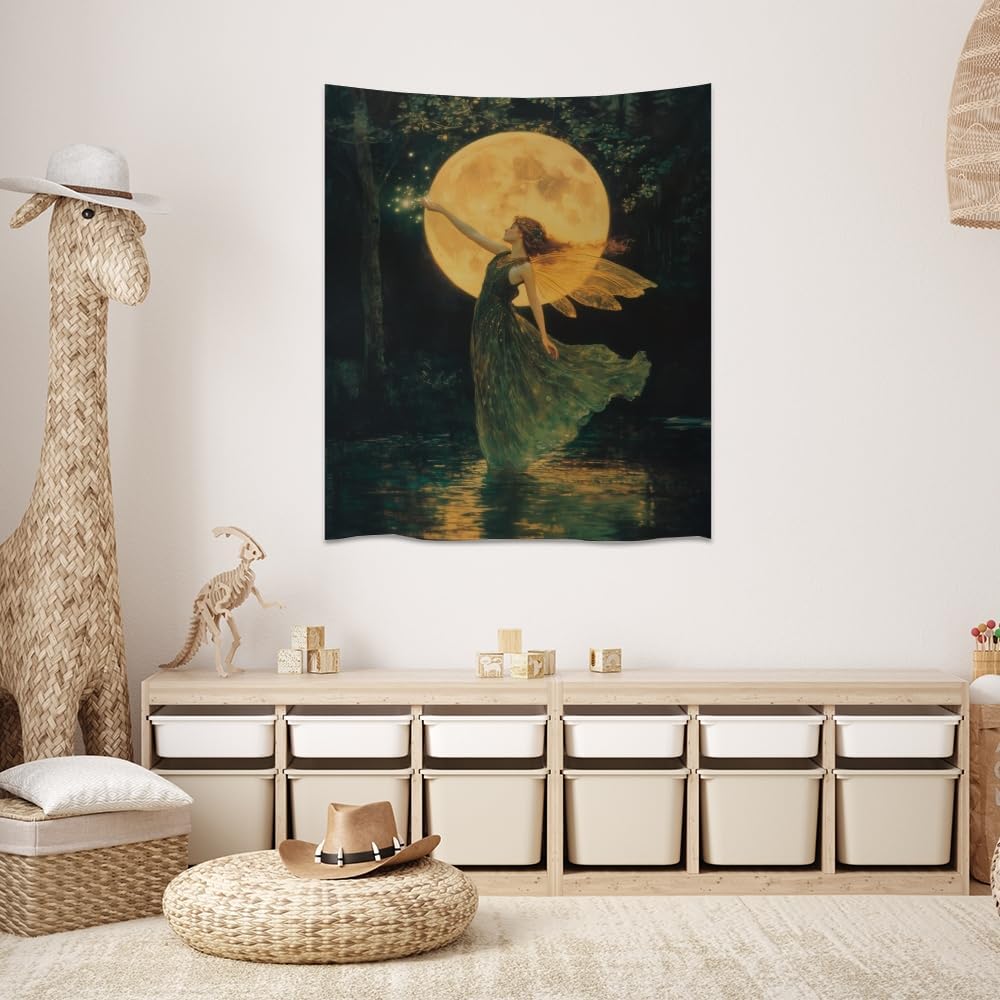 Whimsical Fairy Tapestry Fantasy Moonlight Fae Goddess Print Moody Gothic Aesthetic Wall Hanging Magical Forest Pictures Dark Cottage Witchy Tapestries for Girls Room Bedroom 50x60inch