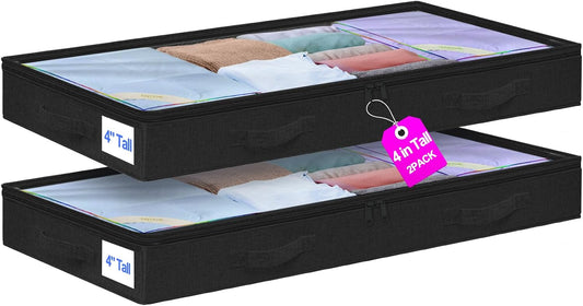 punemi Under Bed Storage Containers, Below 4 Inches Tall Low Profile Foldable Under Bed Storage,No Structure, Soft Fabric Blanket Storage and Clothing Storage with Zipper, 2 Pack, 20x40x3.7in, Black