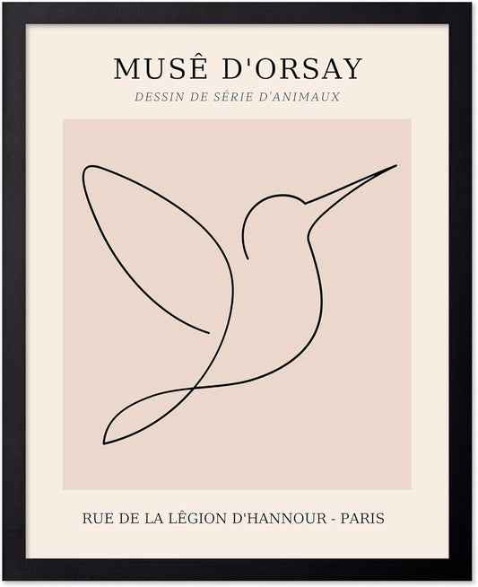 Poster Master Vintage Poster - Retro One Line Hummingbird Drawing Print - Bird Line Art - Minimal Gift for Him, Her, Animal Lover - Abstract Decor for Home, Office, 16x20 Black Framed