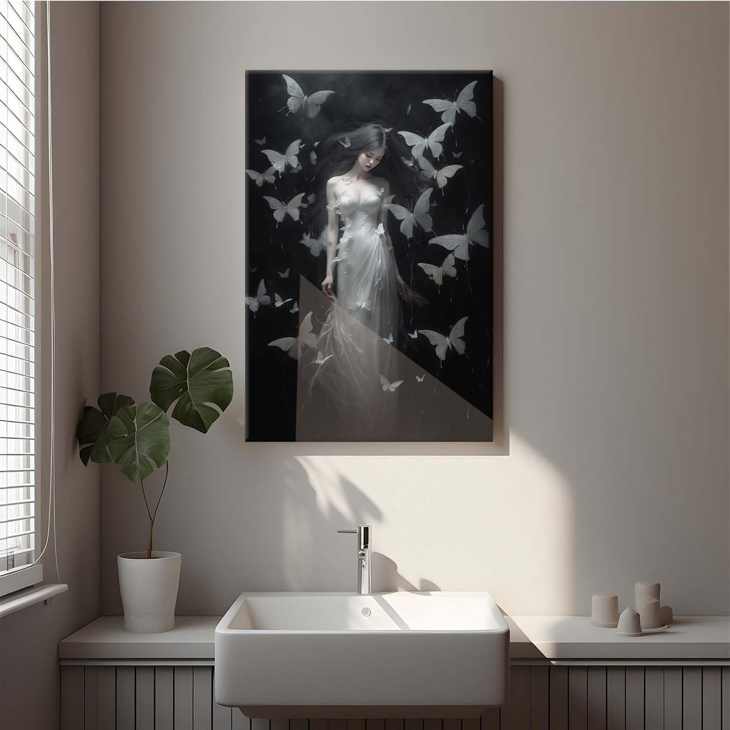 Vintage Gothic Feminine Canvas Wall Art Print Butterfly Poster Moody Female Wall Art Retro Artwork Dark College Decor for Home Bedroom12x16in Wood Framed