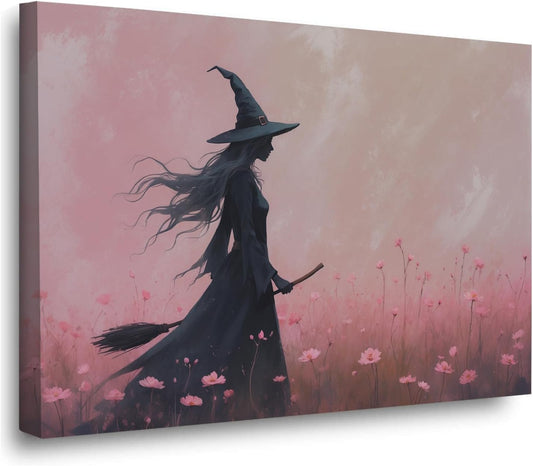 Witch in the pink sea of flowers Halloween prints weird flowers wall art silhouette painting fashionable romantic decoration suitable for bedroom24x36in Wood Framed