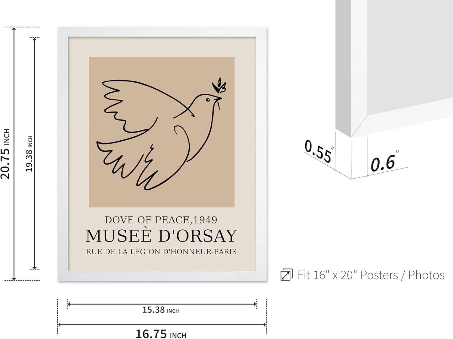 Poster Master Vintage Poster - Retro Minimalist Print - Gift for Artist, Friend - Dove Of Peace, Line Drawing, Sketch, Abstract - Wall Decor for Living Room, Bedroom, 16x20 White Framed