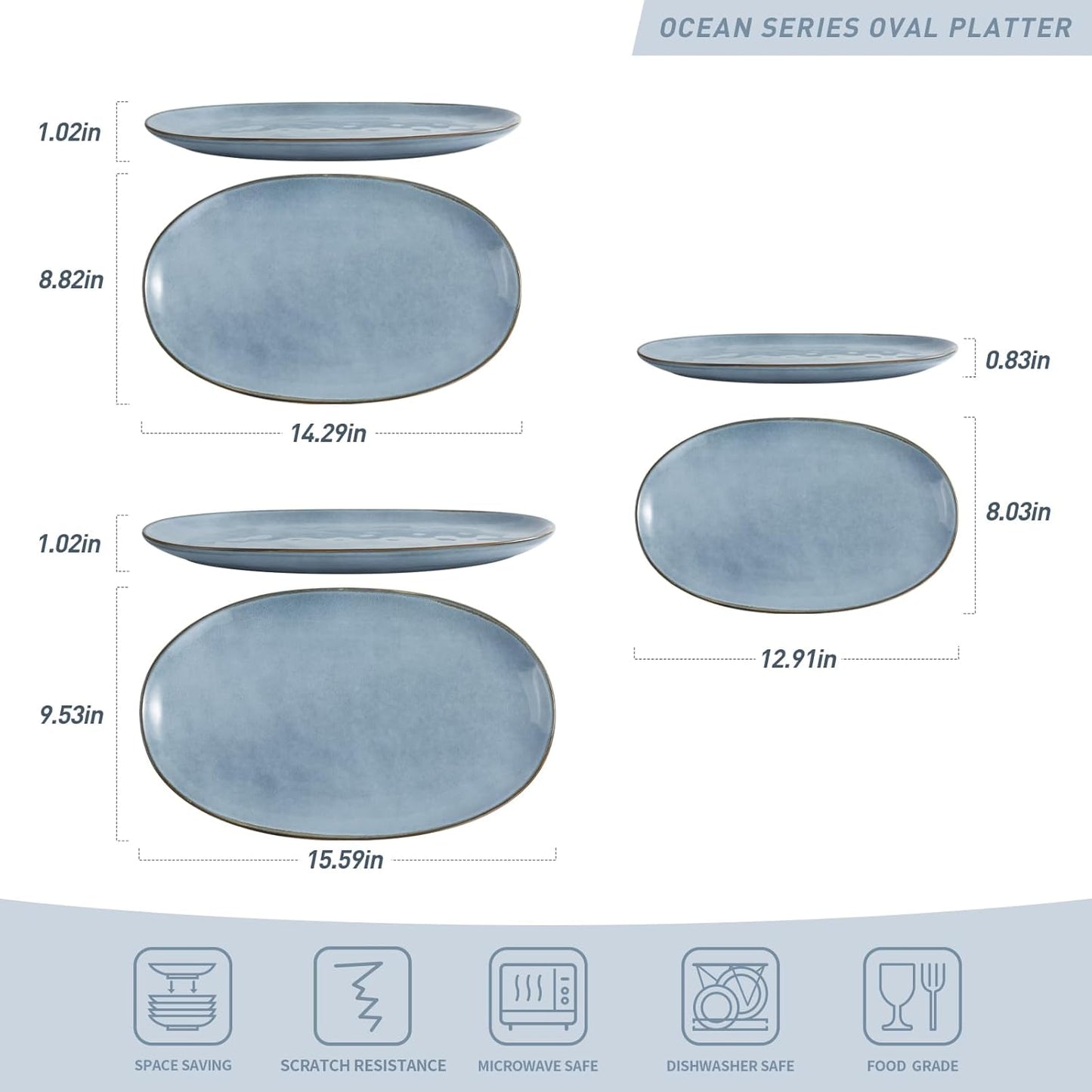 famiware Serving Platter, Oval 15.59/14.3/12.9inch Serving Dishes for Entertaining, Serving Bowls, Reactive Glaze, Stoneware Serving Trays for Party, Food, Turkey, Cheese, Ocean Series, Blue