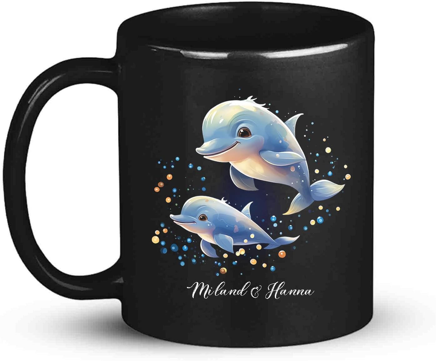 Custom Name Xmas Animal Cup, Cute Dolphins Swimming Design Mug 11oz 15oz, Customized Christmas Dolphins Black Cup, Personalized Animal Lover Coffee Mug, Gift For Newlyweds, Close Friend