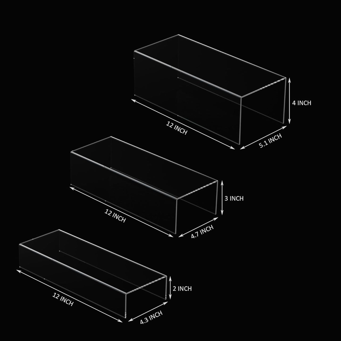 Clear Riser Display Shelf 3pcs, Desktop Rectangular Acrylic Display Shelves Storage Organizer, Acrylic Stands for Funko Pop Figure, Bags, Shoes, Spice Jars, Skincare, Cosmetics - 12-2'', 3'',