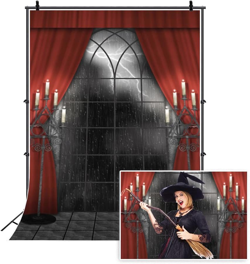 Renaiss 6x9ft Vintage Gothic Window Backdrop Red Curtain Candlestick Black Floor Lightning Stormy Sky Vampire Medieval Castle Photography Background Halloween Dress Up Party Decors Photo Booth Props