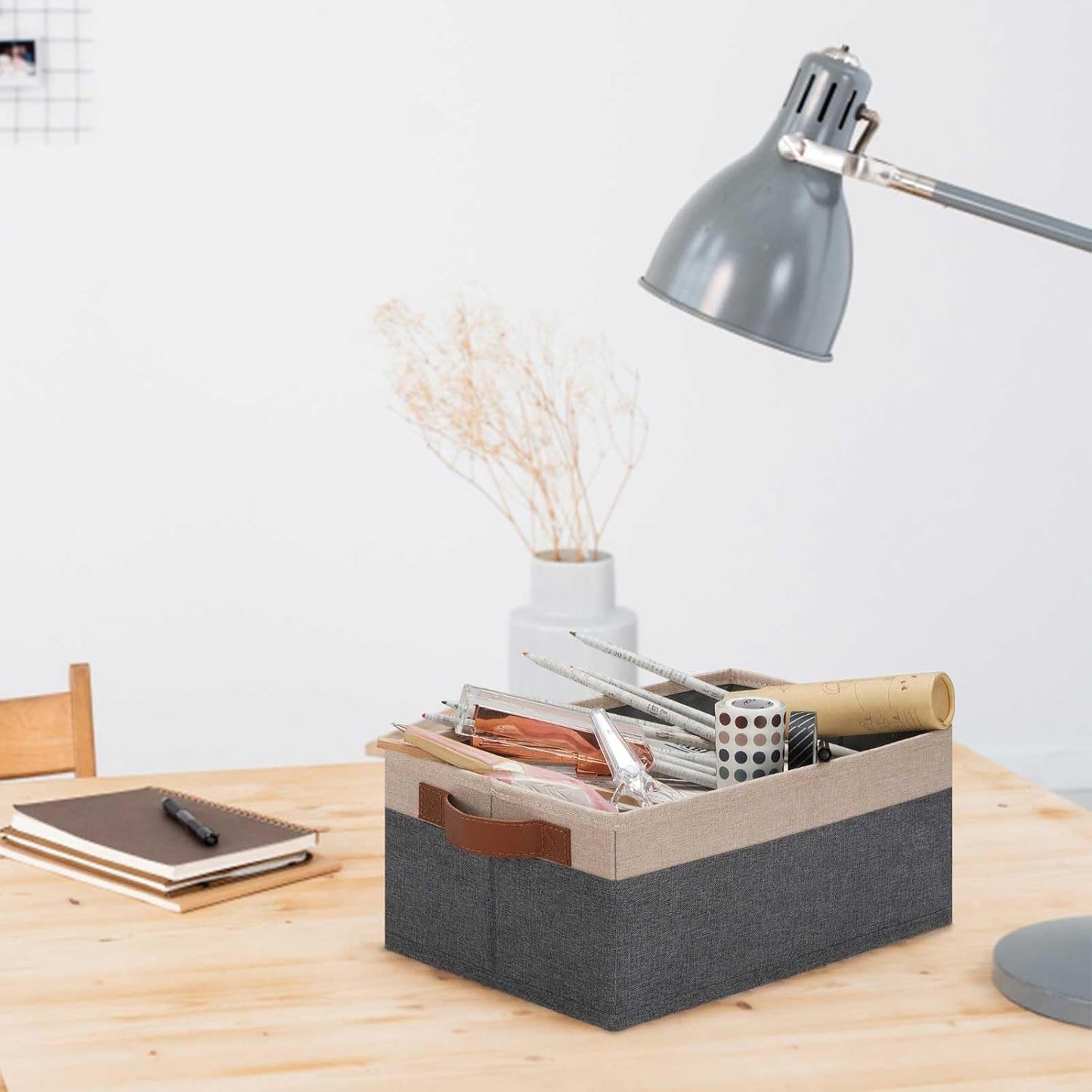 GhvyenntteS Small Fabric Storage Bins 6 Pack, 11.8" x 7.87" x 5.11" Storage Basket with Leather Handles, Closet Storage Bins for Shelves, Storage Baskets for Shelves, DVD Storage (Grey/Beige Yellow)