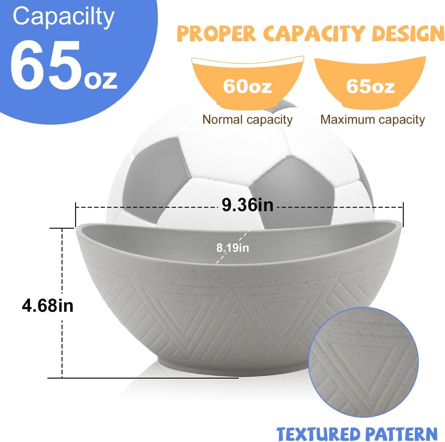 Wheat Straw Bowls Set,Unbreakable Large Salad Bowls Set of 2,Microwave and Dishwasher Safe Bowls Plastic Bowls for Eating,BPA Free Salad Bowl for Serving,Oatmeal and Salad.Gray