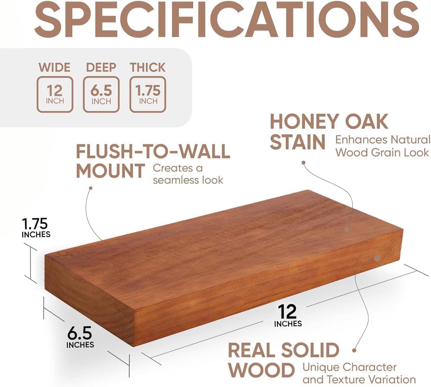 Homeforia 12 inch Oak Floating Shelf, High End Solid Real Wood 12inch Small Floating Shelves for Wall Mounted, Honey Oak Wooden 12in Floating Shelves, Heavy Duty Bracket, 12 X 6.5 X 1.75 in, Set of 3