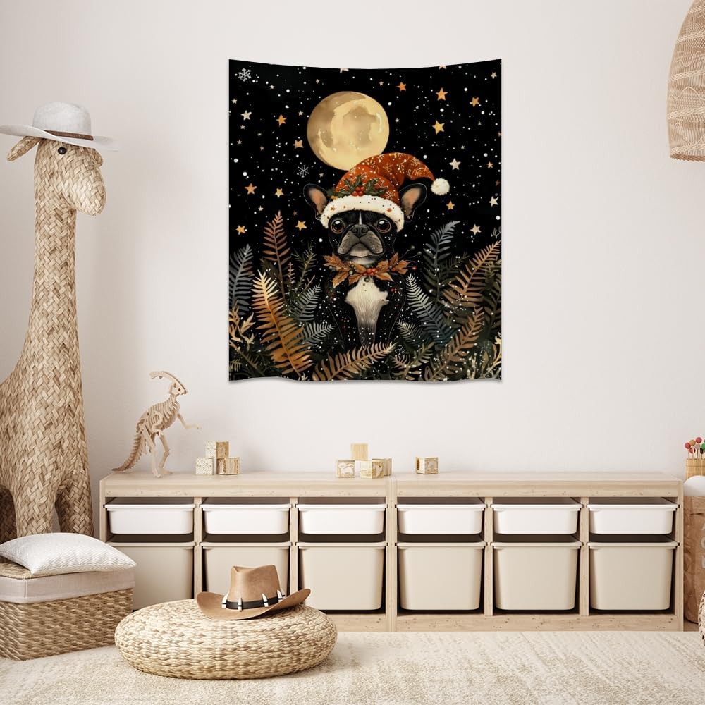 French Bulldog Christmas Tapestry Wall Hanging Cute Dog Santa Hat Moon Pictures Print Pet Lover Gift Funny Christmas Tapestries Aesthetic for Winter Home Nursery Kids Bedroom Decor 60x80inch