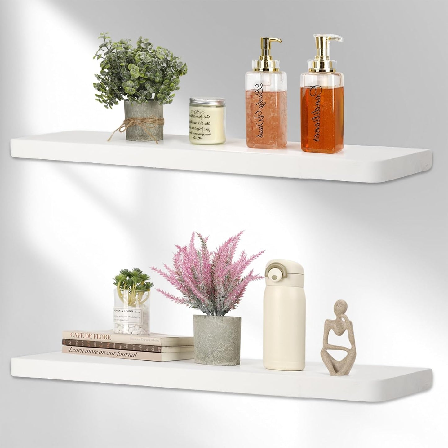 Solid Wood Floating Shelves Set of 2 - Natural, Warp & Crack Resistant 23.62 Inch Wall Shelf with Invisible Brackets Thicker, More Durable for Bathroom, Bedroom, Kitchen, Living Room (White, 23.62)