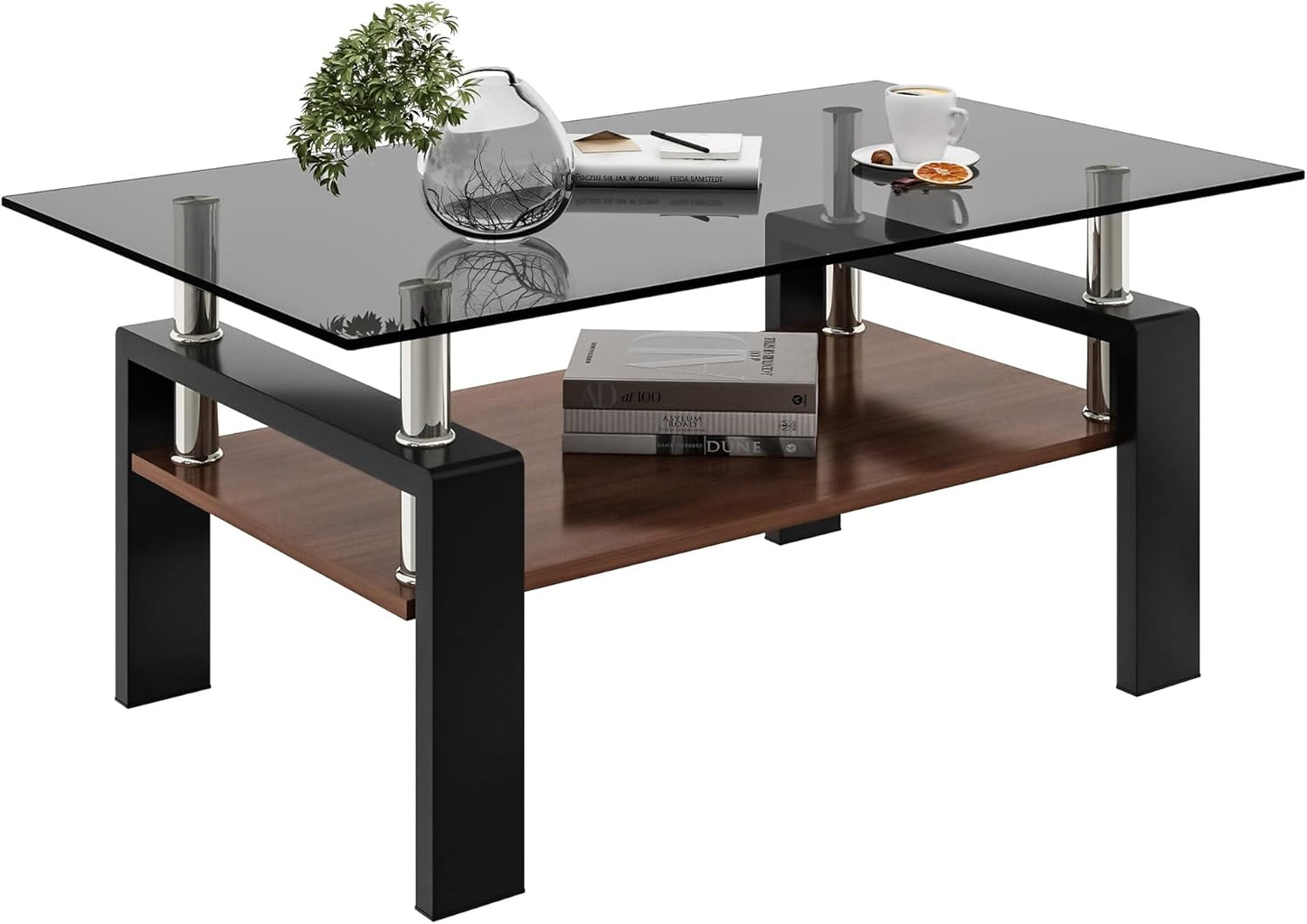 Glass Coffee Table Rectangle Living Room Center Table, with Gray Tempered Glass Tabletop and Brown MDF Layer,for Living Room and Office, Gray+Brown