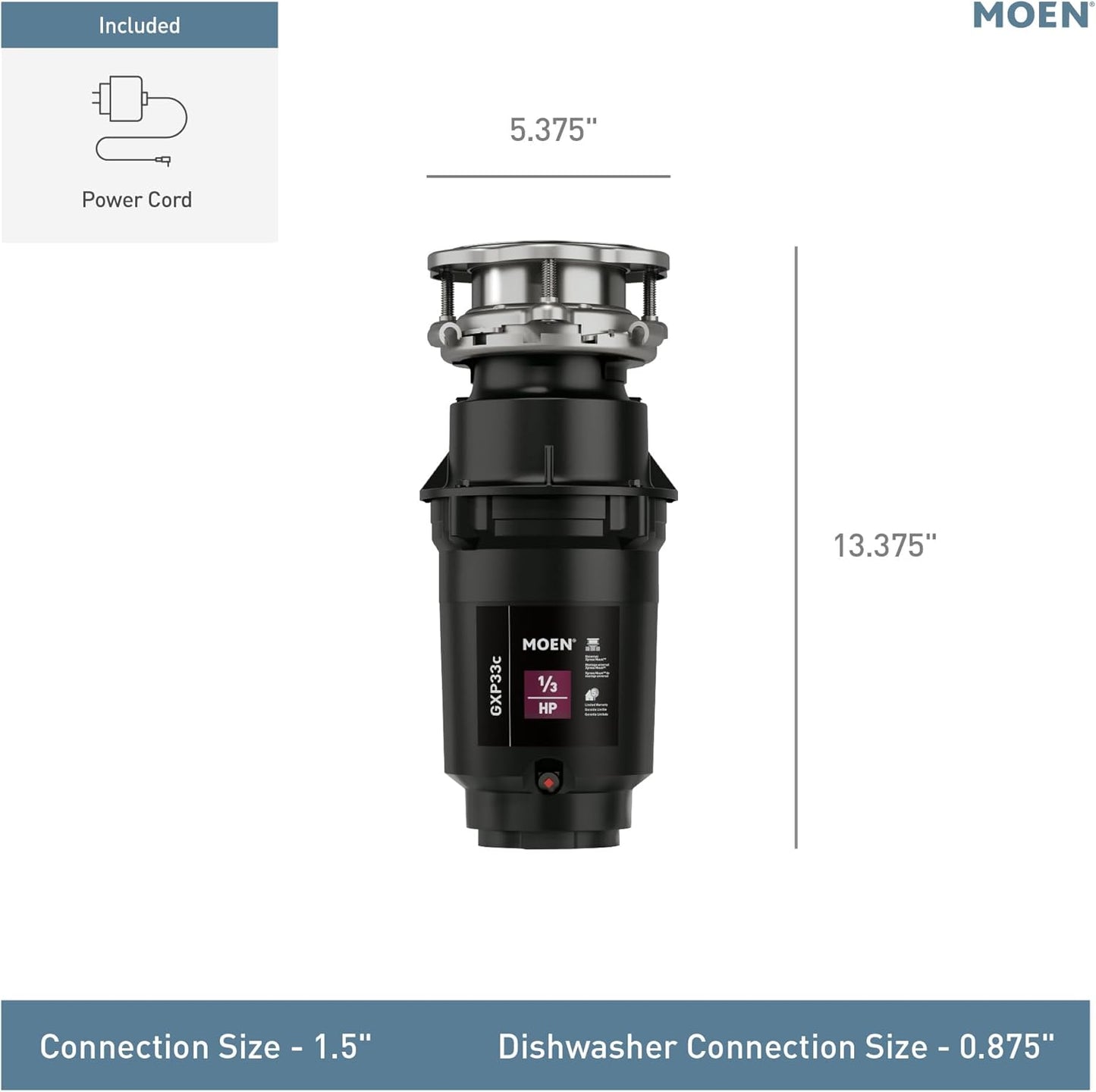 Moen Lite Series PRO Compact Continuous Feed Garbage Disposal for Kitchen Sink with Power Cord, GXP33C