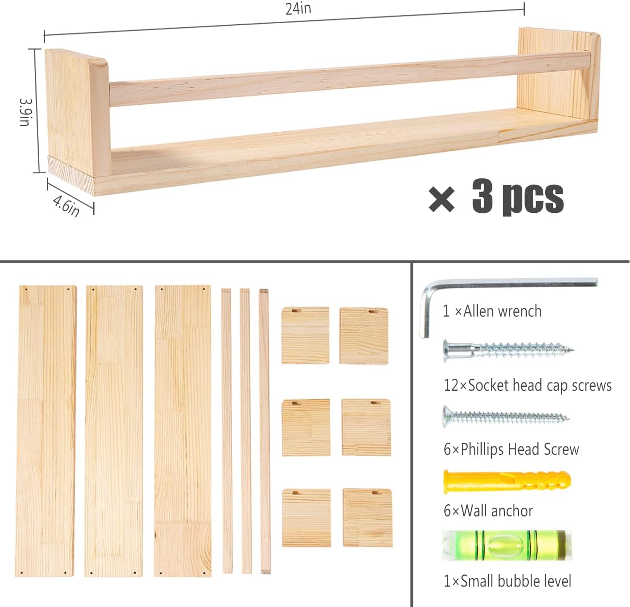 AZSKY Nursery Book Shelves 24 Inch Rustic Natural Wood Floating Shelves,Wall Book Shelves for Farmhouse,Bathroom Décor,Kitchen Spice Rack or Book Shelf Organizer for Home Décor,a Set of 3 Same Sizes