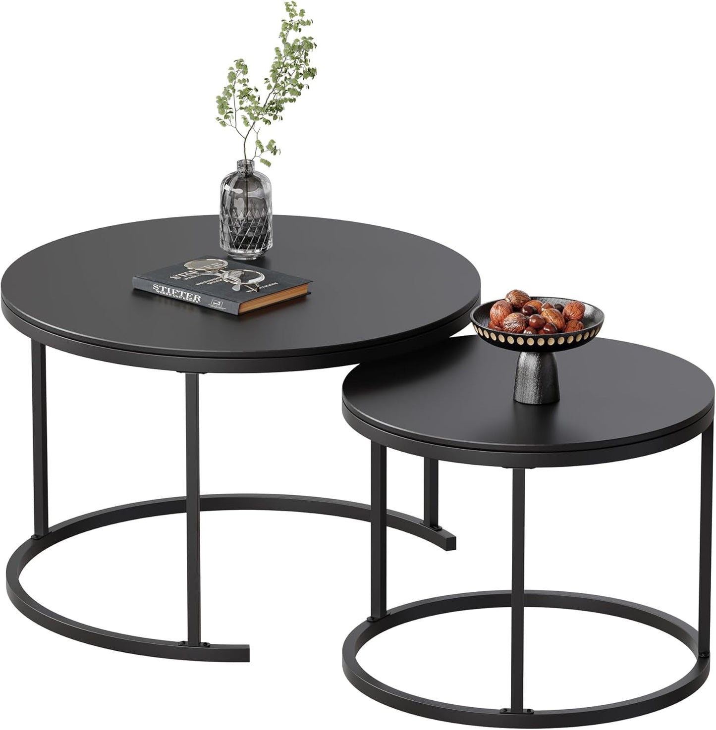 Round Nesting Coffee Table, Black Modern Decorative Coffee Center Table Set of 2,Round Sintered Stone 24'' Coffee Table for Living Room with Sturdy Metal Frame.