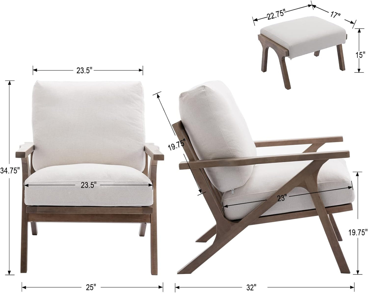 Mid Century Modern Accent Chair with Ottoman, Farmhouse Linen Upholstered Living Room Armchair and Ottoman Set, 23" Seat Wide Retro Leisure Lounge Chair with Wood Frame for Home, Bedroom, White