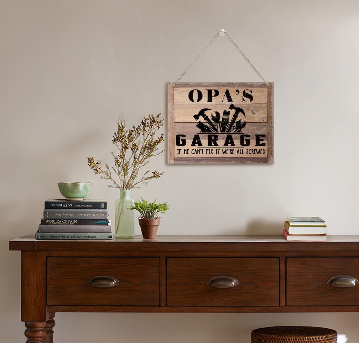 Rustic Sign, Father's Day Gift, Dad's Gift, Grandpa's Gift, Decor Hanging Wood Signs, Printed Wood Wall Art Sign, Opa's Garage, If He Can't Fix It We're All Screwed, Vintage Sign Gift for Grandpa