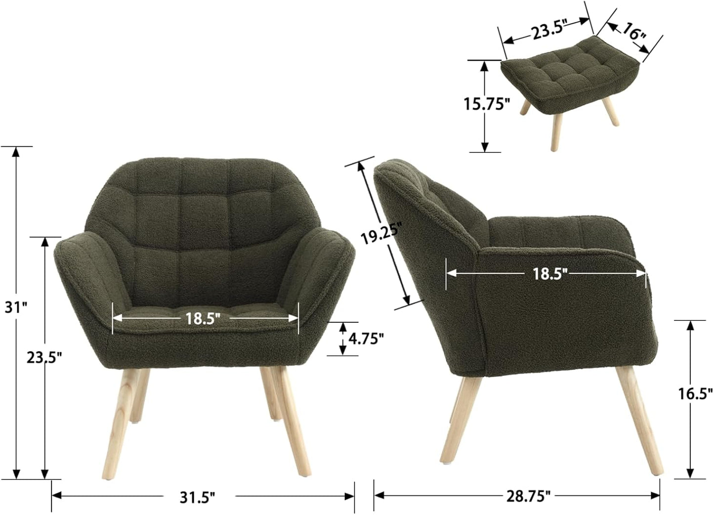 Modern Sherpa Accent Chair with Ottoman, Fluffy Upholstered Lounge Chair with Footrest, Comfy Living Room Side Boucle Armchair for Small Space Bedroom Apartment, Green