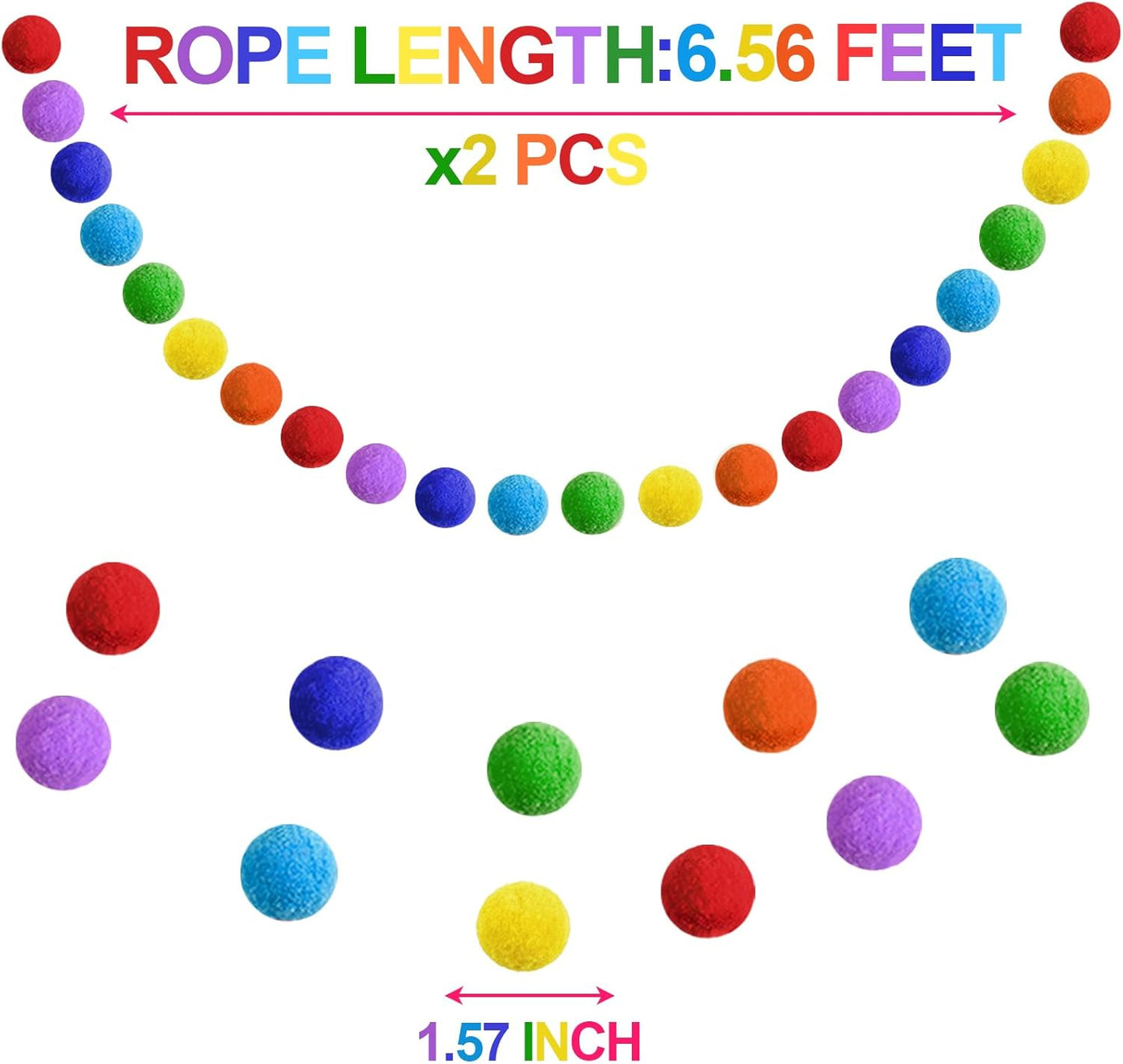 XmasExp Rainbow Colorful Pom Pom Garland Decorations, Large Felt Ball Garland for Classroom, Mantle, Indoor Home Decor, Tree Ornaments, Kids Room and Party Hanging Decor,1.57" 13 Ft