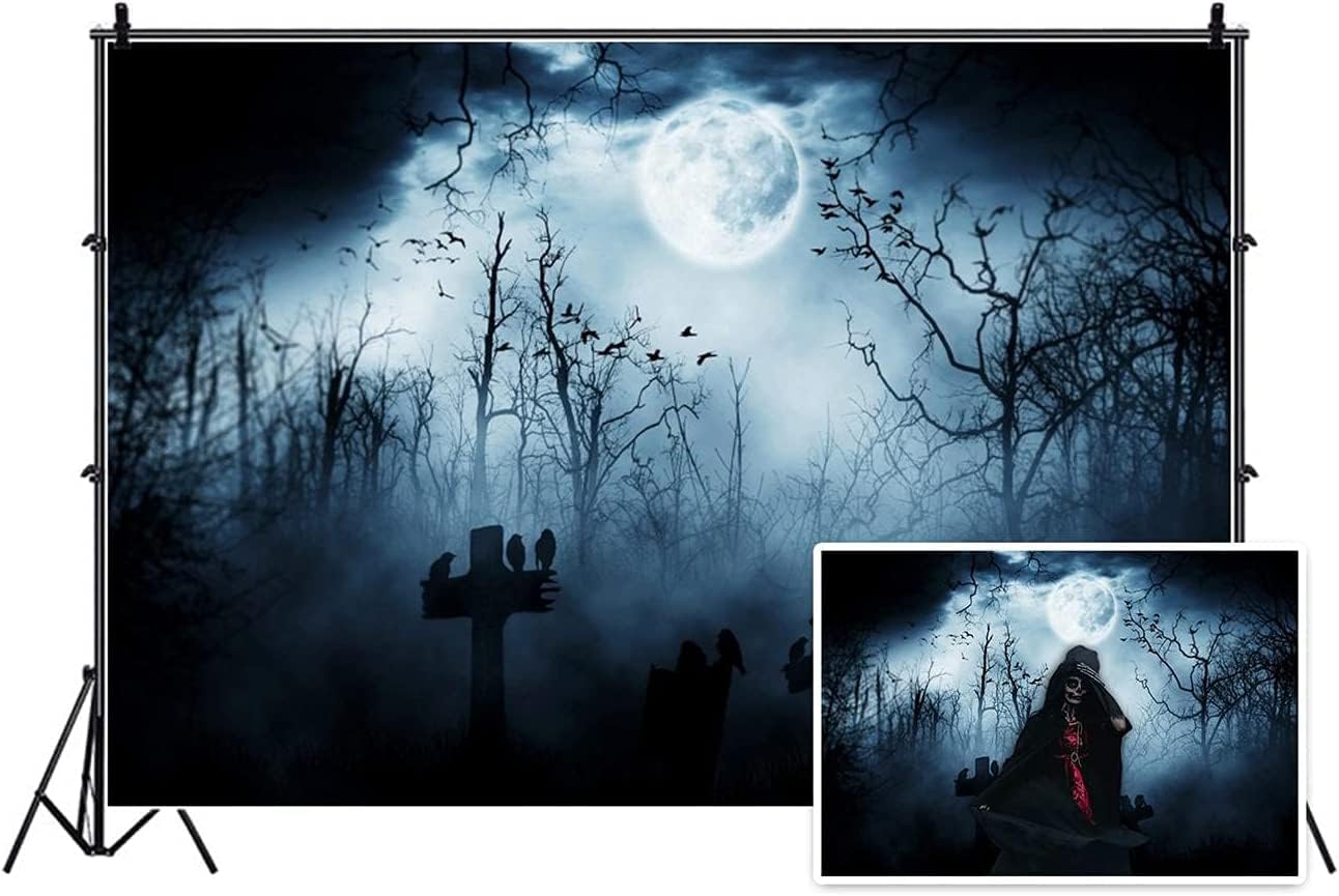 AOFOTO 12x8ft Moon Night Halloween Cemetery Photography Backdrop Flying Bats Birds Stand on Gravestone Cross Graveyard in Dark Forest Photo Background Cloth Vinyl Wallpaper Photo Studio Props