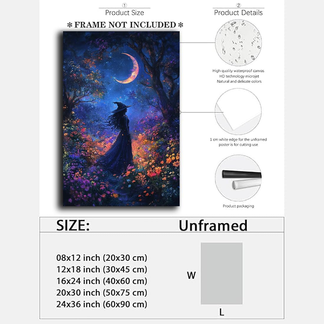 Vintage Halloween Witch Decor Mystic Gothic Wall Art Poster,Enchanting Witch Fall Whimsical Wildflowers Woodland Forest Crescent Moon Picture Art,Creepy Witchy Home Decor,24"x36" Unframed